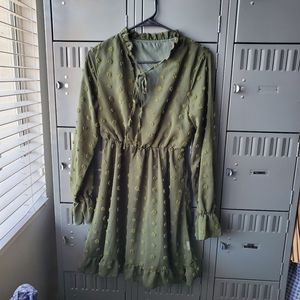SHEIN olive green chiffon long sleeve mini dress